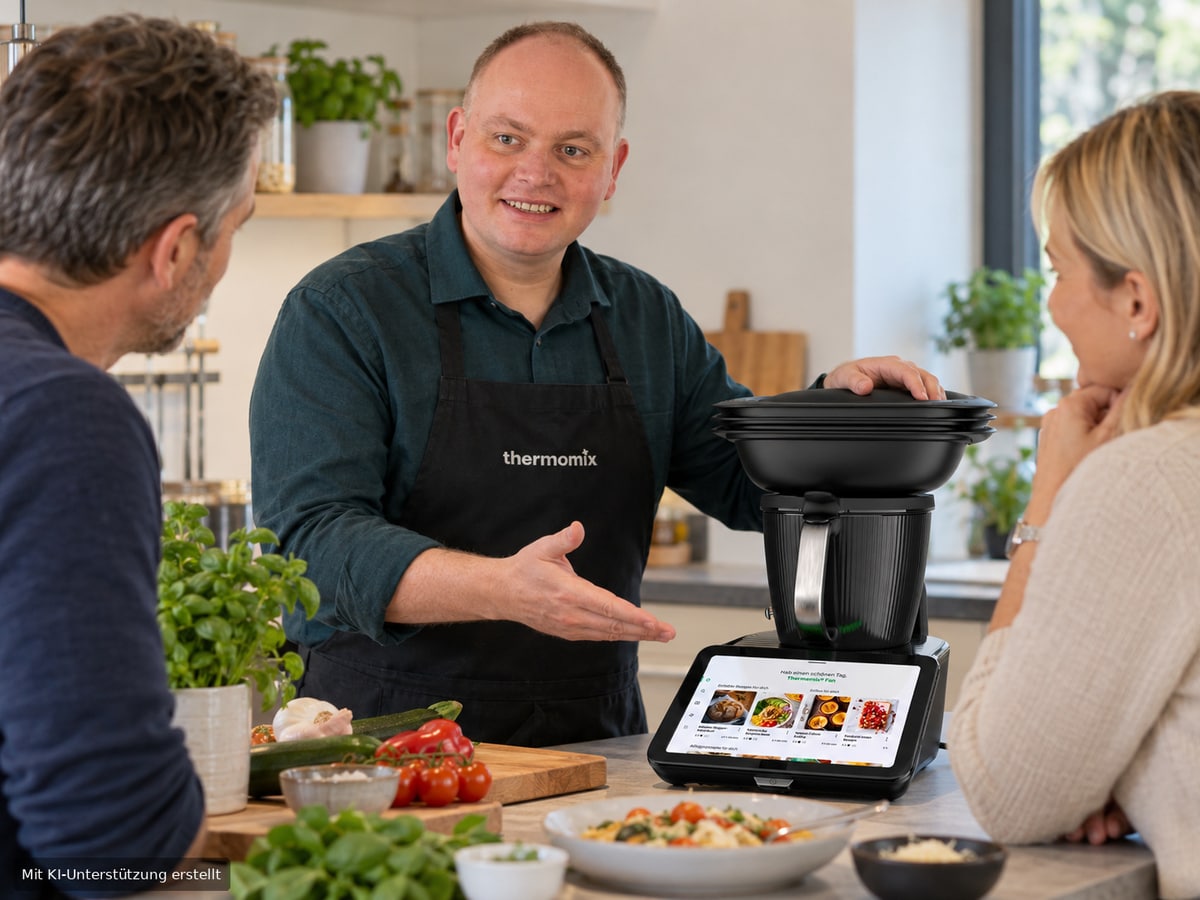 Alex zeigt zwei Gästen den Thermomix TM7 in einer Beratungsszene