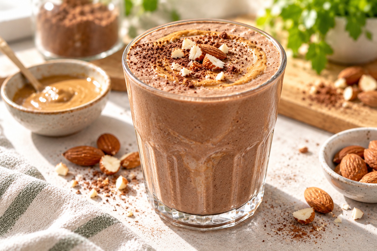 Eiweißshake mit Kakao und Mandelbutter