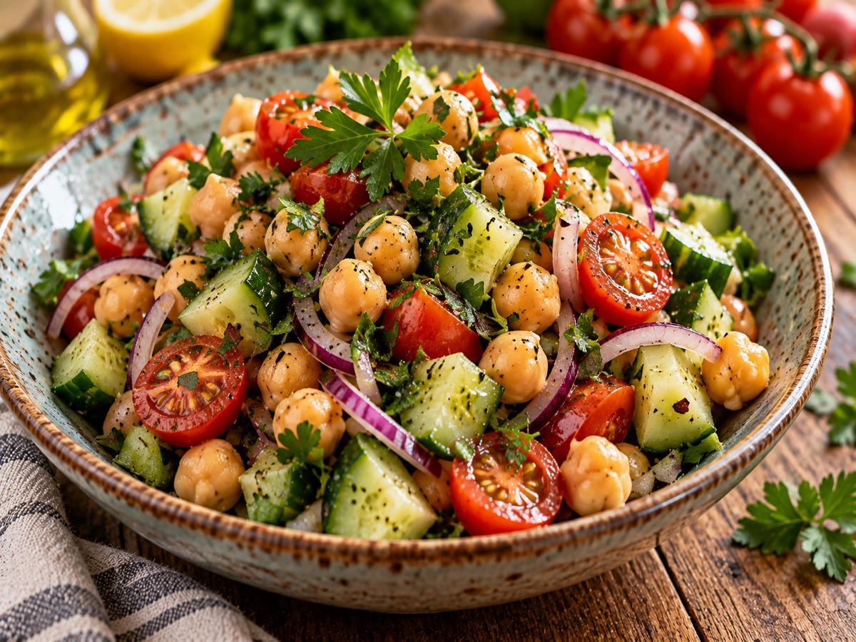 Kichererbsensalat mit Gurke und Tomate