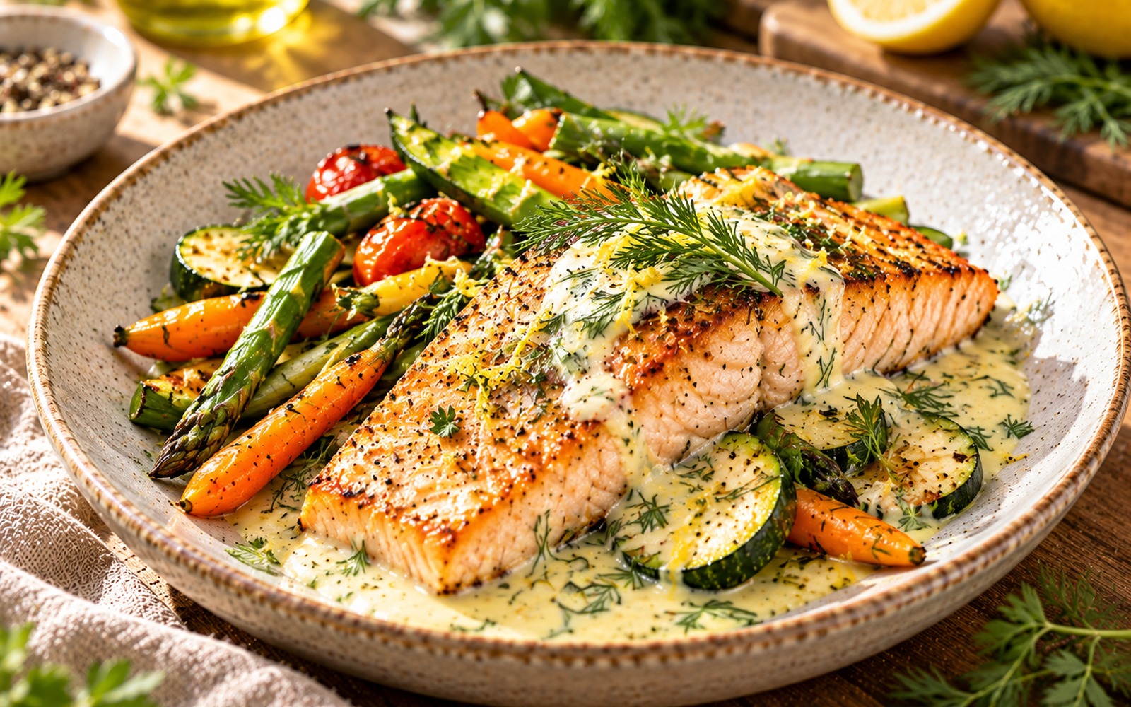 Lachsfilet mit Zitronen-Dill-Sauce und Gemüse