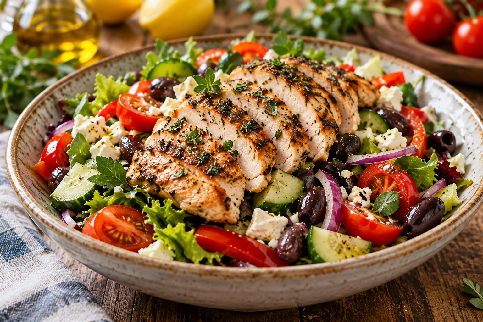 Mediterraner Gemüsesalat mit gegrilltem Hähnchen
