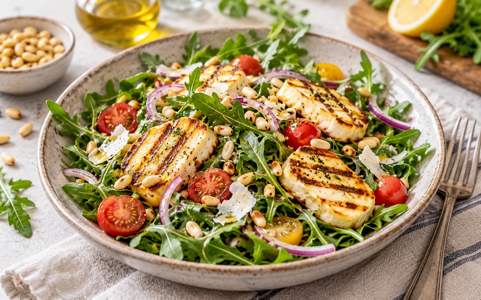 Rucola-Salat mit gegrilltem Halloumi und Pinienkernen