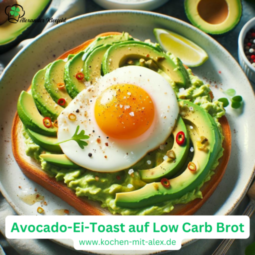 Ein gesunder Start in den Tag mit cremigem Avocado-Ei-Toast auf Low Carb Brot.