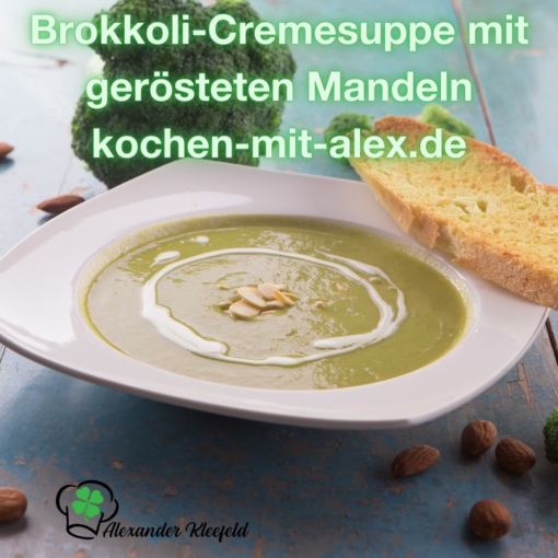 Diese Brokkoli-Cremesuppe ist eine wärmende und gesunde Mahlzeit, die durch den Thermomix leicht zuzubereiten ist. Die gerösteten Mandeln bieten einen angenehmen Kontrast zur Cremigkeit der Suppe und fügen eine nussige Note hinzu.