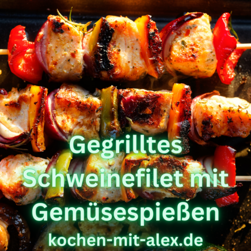 Ein herzhaftes Abendessen mit perfekt gewürzten Schweinefilets und bunten, marinierten Gemüsespießen.