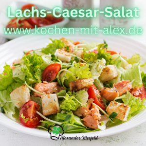 Ein erfrischender und proteinreicher Caesar Salat mit saftig gebratenem Lachs, ideal für ein gesundes Mittagessen.