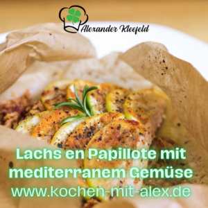 Lachs en Papillote mit mediterranem Gemüse ist ein einfaches, elegantes und gesundes Abendessen. Die Aromen von frischem Gemüse und Kräutern verschmelzen im Pergamentpapier mit dem Lachs zu einem köstlichen Gericht.