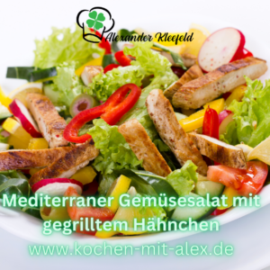 Der mediterrane Gemüsesalat mit gegrilltem Hähnchen ist ein wahres Farbenspiel auf dem Teller und bietet eine köstliche, nährstoffreiche Mahlzeit für Ihren Low Carb-Mittagstisch. Einfach in der Zubereitung und großartig im Geschmack – ein Salat, der Sie und Ihre Sinne in die Mittelmeerregion entführt!