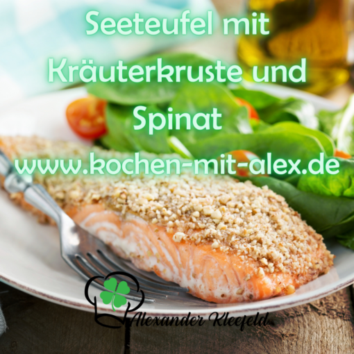 Ein elegantes Abendessen mit Seeteufelfilets in einer aromatischen Kräuterkruste, serviert mit gedämpftem Spinat.