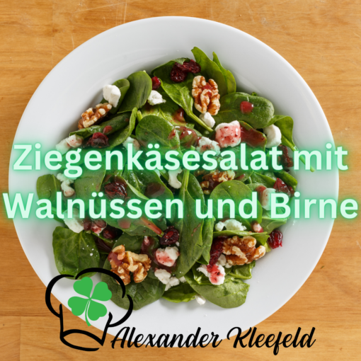 Ein frischer und nährstoffreicher Salat, der die cremige Textur des Ziegenkäses mit dem süßen Geschmack der Birnen und der knackigen Textur der Walnüsse vereint.
